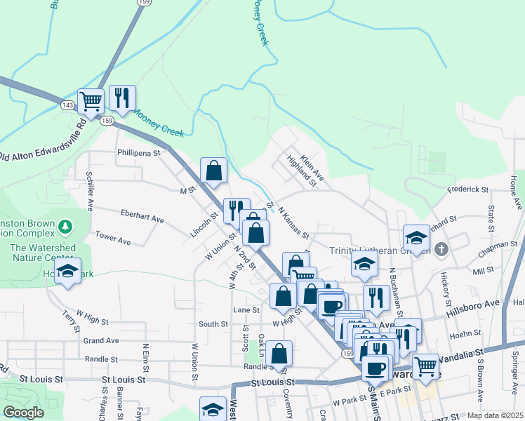 map of restaurants, bars, coffee shops, grocery stores, and more near 112 East Union Street in Edwardsville