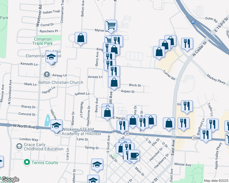map of restaurants, bars, coffee shops, grocery stores, and more near 100 Carnegie Street in Belton