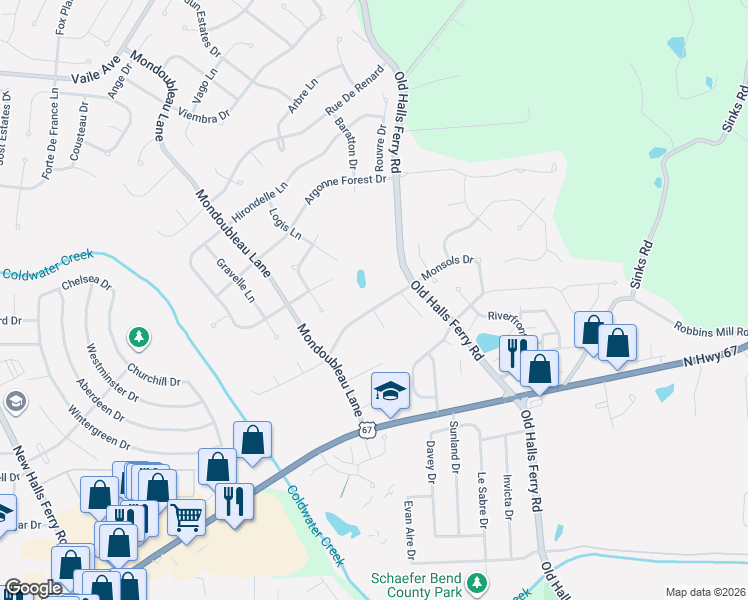 map of restaurants, bars, coffee shops, grocery stores, and more near 4 Flumet Court in Florissant