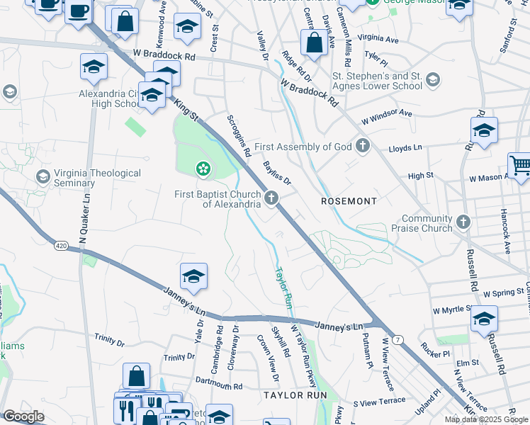 map of restaurants, bars, coffee shops, grocery stores, and more near 2952 King Street in Alexandria
