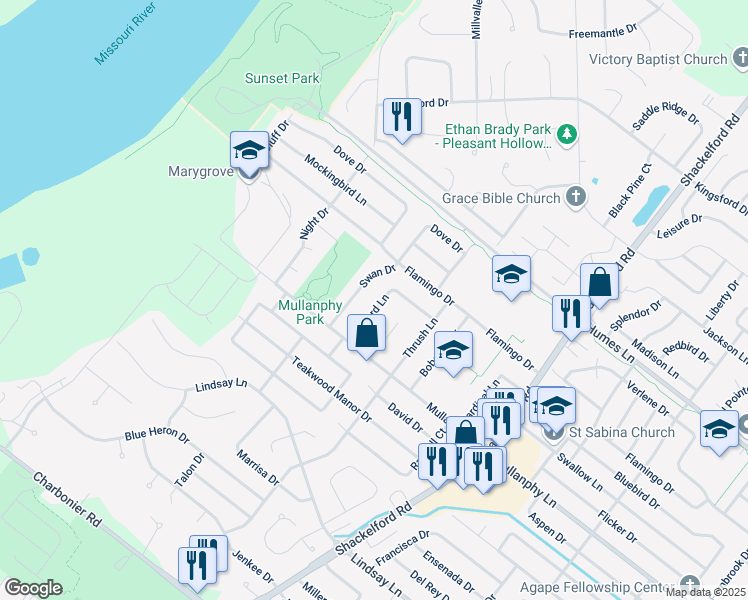 map of restaurants, bars, coffee shops, grocery stores, and more near 1345 Parakeet Lane in Florissant