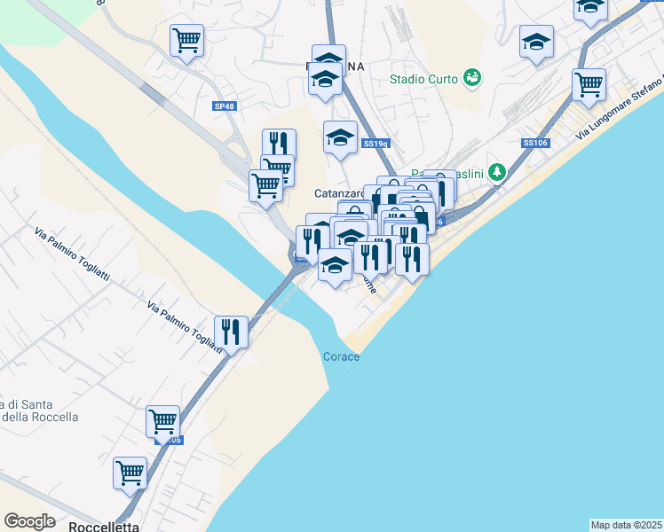 map of restaurants, bars, coffee shops, grocery stores, and more near 70 Via Genova in Catanzaro