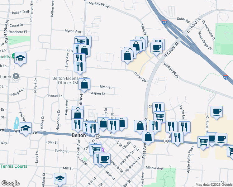 map of restaurants, bars, coffee shops, grocery stores, and more near 50 Aspen Street in Belton