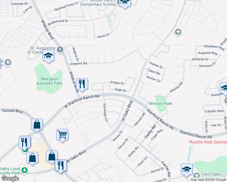 map of restaurants, bars, coffee shops, grocery stores, and more near 5692 Saratoga Circle in Rocklin