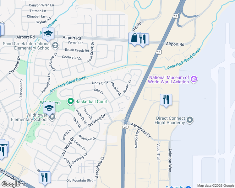 map of restaurants, bars, coffee shops, grocery stores, and more near 834 Hoosier Drive in Colorado Springs