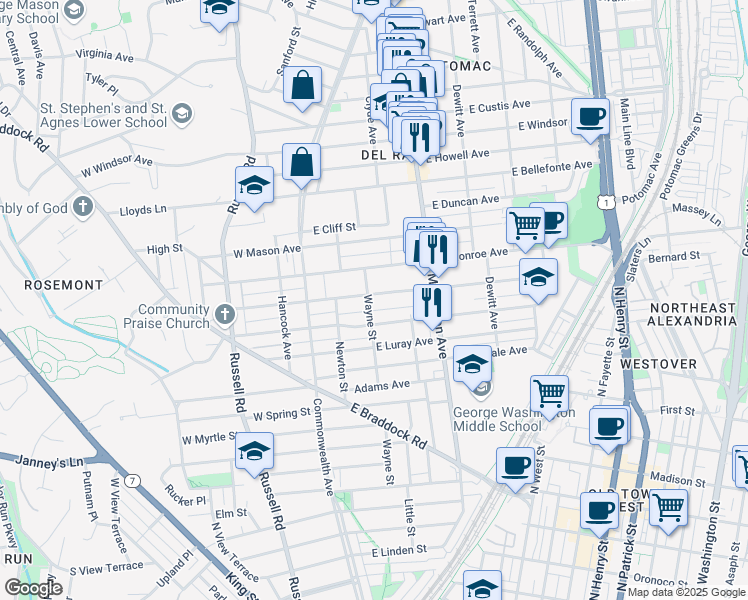 map of restaurants, bars, coffee shops, grocery stores, and more near 1409 Wayne Street in Alexandria