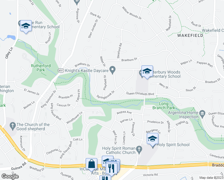 map of restaurants, bars, coffee shops, grocery stores, and more near 4825 Springbrook Drive in Annandale