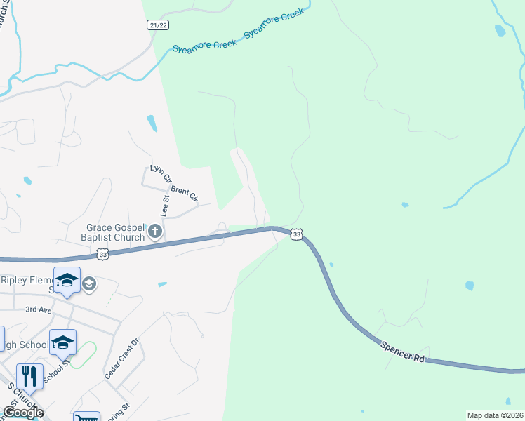 map of restaurants, bars, coffee shops, grocery stores, and more near 114 Skyline View Drive in Ripley