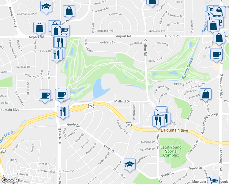 map of restaurants, bars, coffee shops, grocery stores, and more near 902 Teal Court in Colorado Springs
