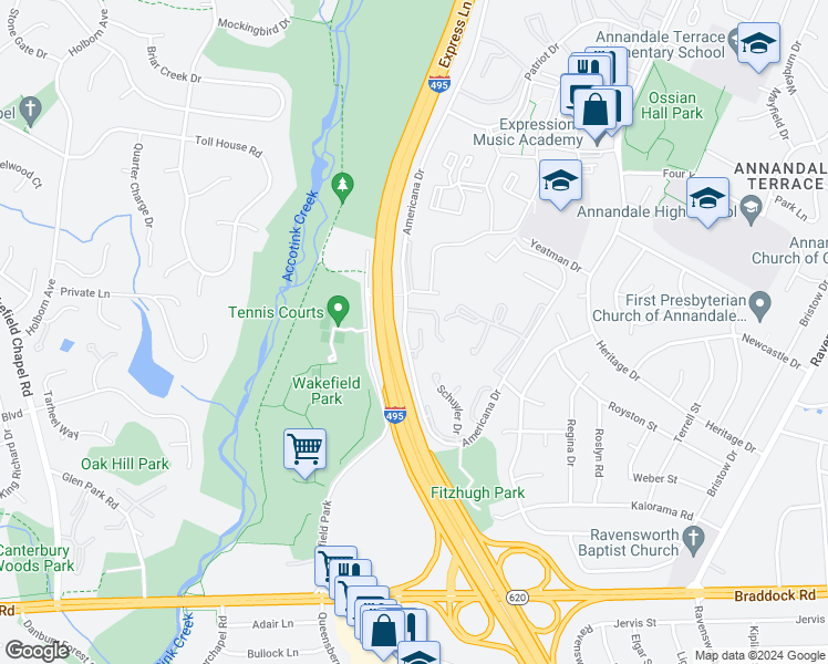 map of restaurants, bars, coffee shops, grocery stores, and more near 4906 Casimir Street in Annandale