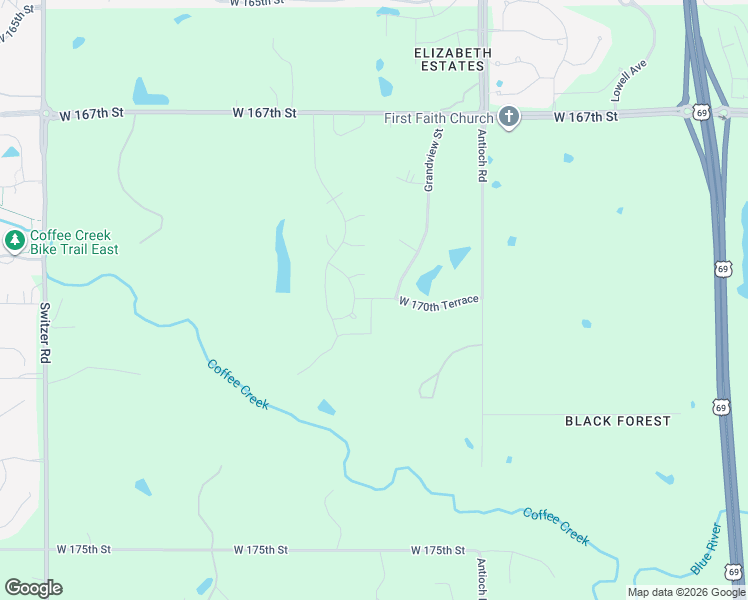 map of restaurants, bars, coffee shops, grocery stores, and more near 9375 West 170th Terrace in Stilwell