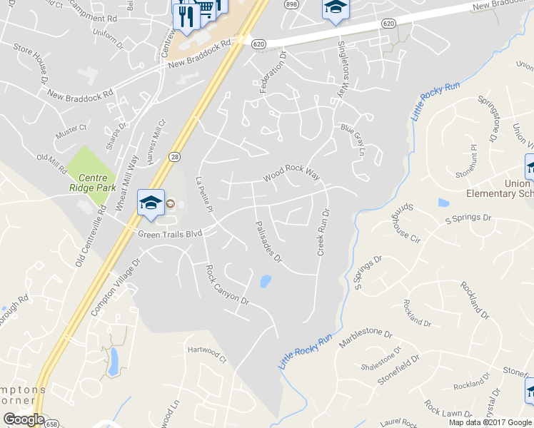 map of restaurants, bars, coffee shops, grocery stores, and more near 6508 Skylemar Trail in Centreville