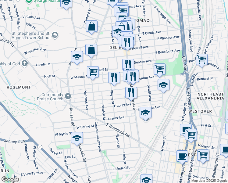 map of restaurants, bars, coffee shops, grocery stores, and more near 1409 Wayne Street in Alexandria