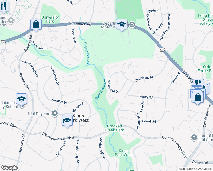 map of restaurants, bars, coffee shops, grocery stores, and more near 4722 Carterwood Drive in Fairfax
