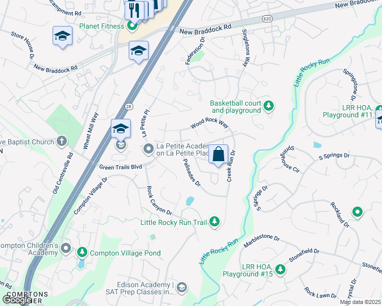 map of restaurants, bars, coffee shops, grocery stores, and more near 6508 Skylemar Trail in Centreville