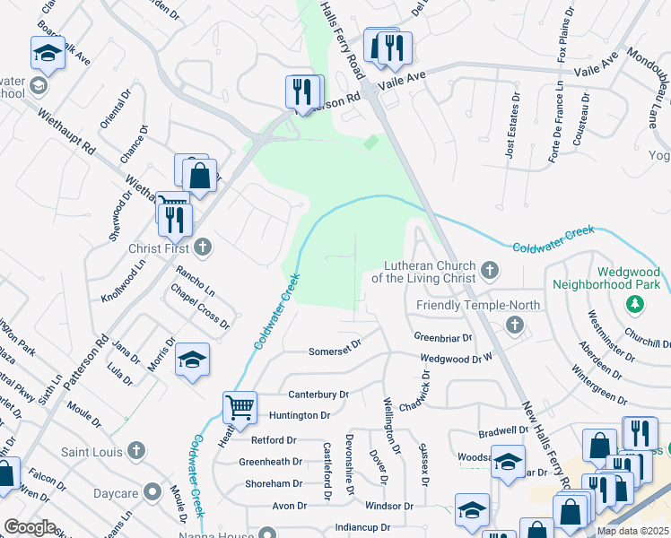 map of restaurants, bars, coffee shops, grocery stores, and more near 3355 Suncrest Drive in Florissant