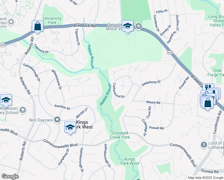 map of restaurants, bars, coffee shops, grocery stores, and more near 4722 Carterwood Drive in Fairfax
