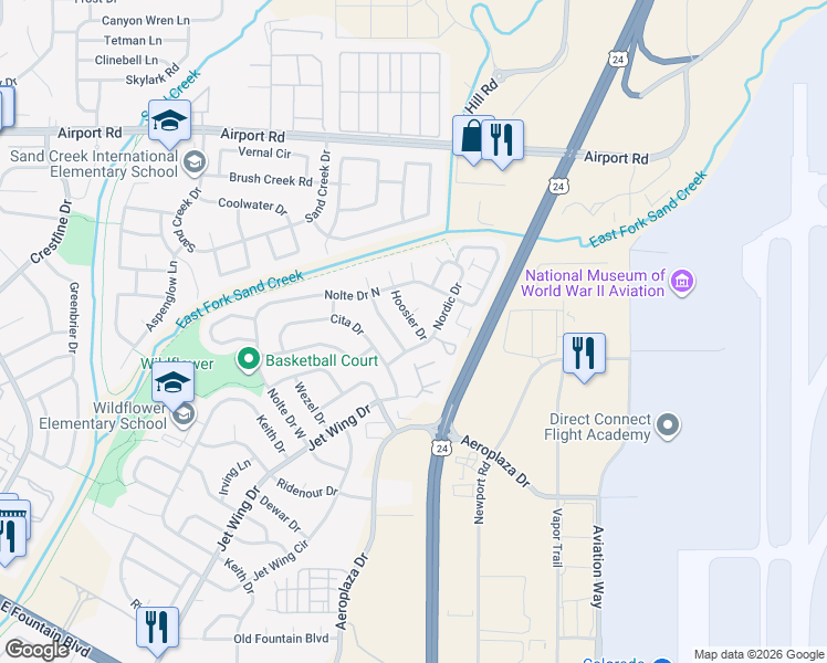 map of restaurants, bars, coffee shops, grocery stores, and more near 834 Hoosier Drive in Colorado Springs