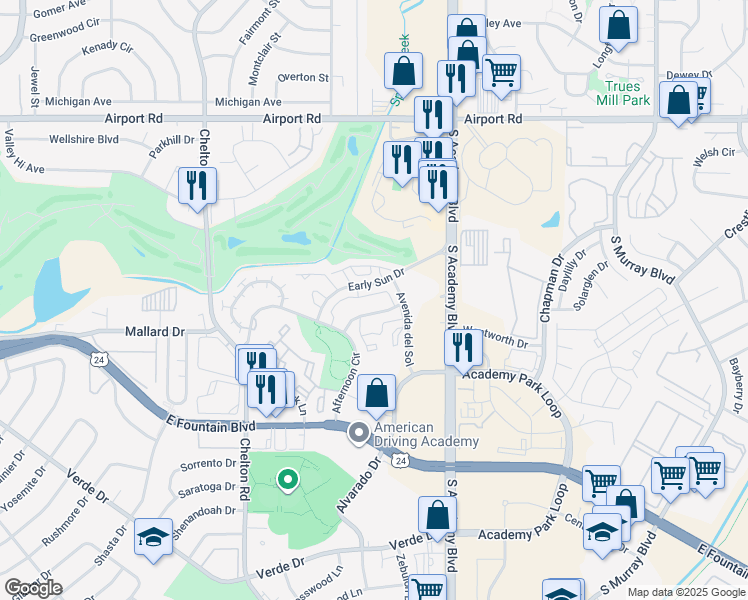 map of restaurants, bars, coffee shops, grocery stores, and more near 749 Mediterranean Point in Colorado Springs