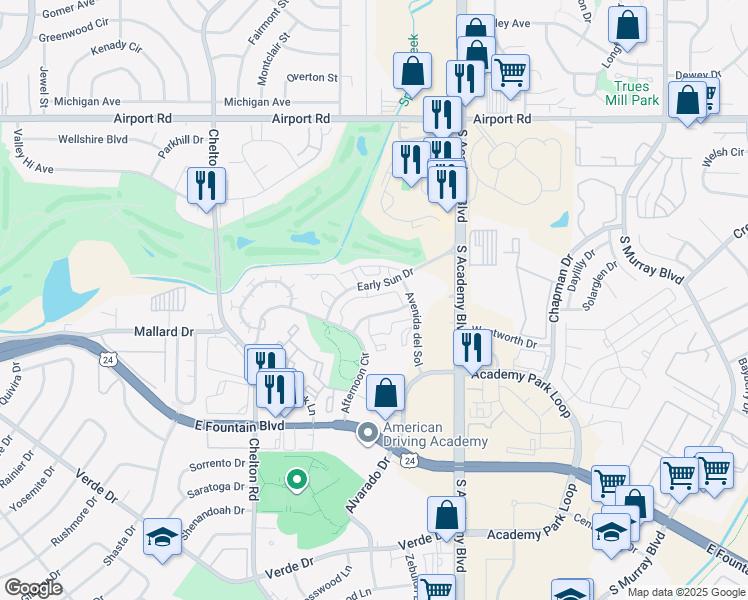 map of restaurants, bars, coffee shops, grocery stores, and more near 749 Mediterranean Point in Colorado Springs