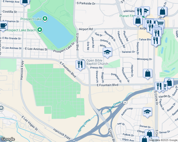 map of restaurants, bars, coffee shops, grocery stores, and more near 824 South Union Boulevard in Colorado Springs
