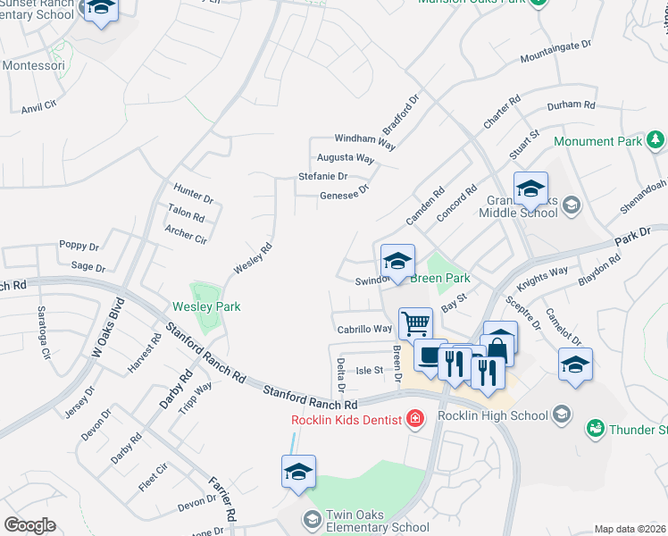map of restaurants, bars, coffee shops, grocery stores, and more near 2603 Swindon Court in Rocklin