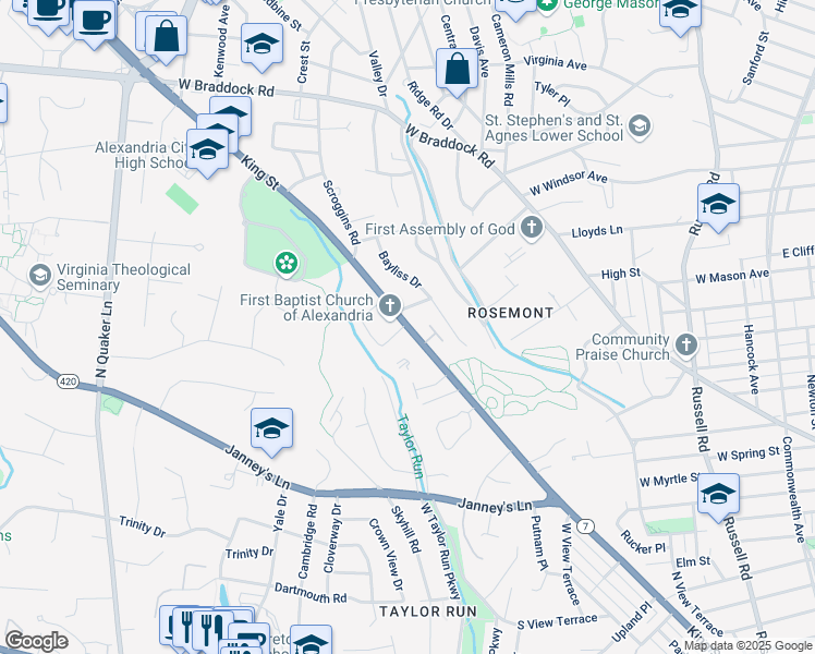 map of restaurants, bars, coffee shops, grocery stores, and more near 2952 King Street in Alexandria