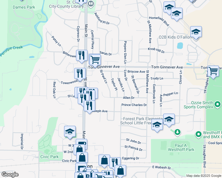 map of restaurants, bars, coffee shops, grocery stores, and more near 808 Saint Paul Lane in O'Fallon