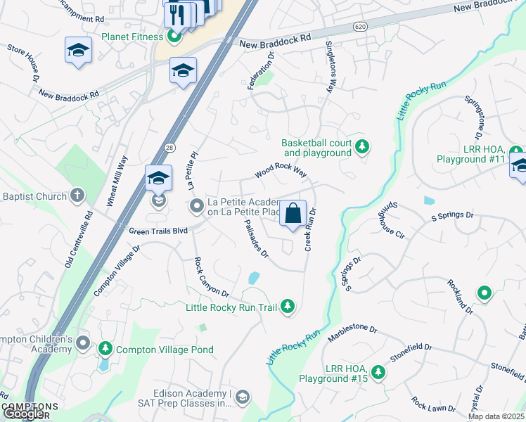map of restaurants, bars, coffee shops, grocery stores, and more near 6511 Skylemar Trail in Centreville