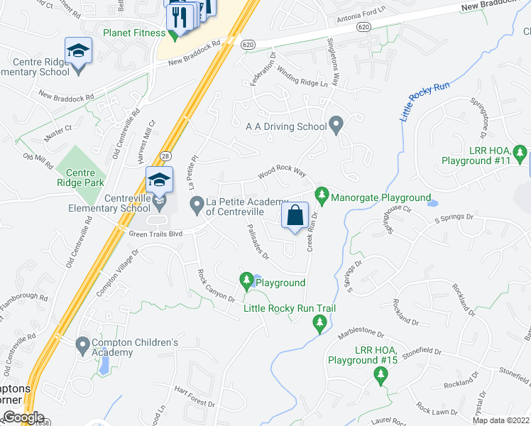 map of restaurants, bars, coffee shops, grocery stores, and more near 6511 Skylemar Trail in Centreville