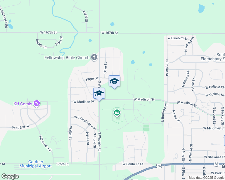 map of restaurants, bars, coffee shops, grocery stores, and more near 800 West Madison Street in Gardner