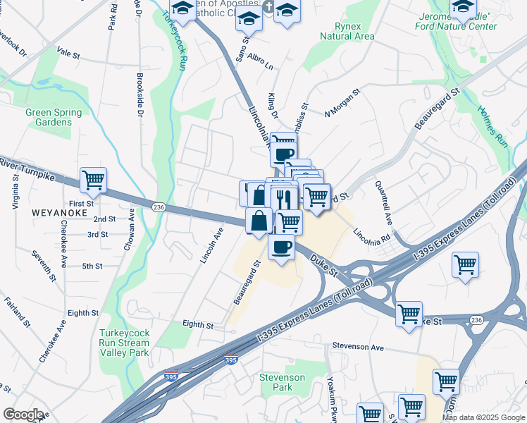 map of restaurants, bars, coffee shops, grocery stores, and more near 4810 Beauregard Street in Alexandria