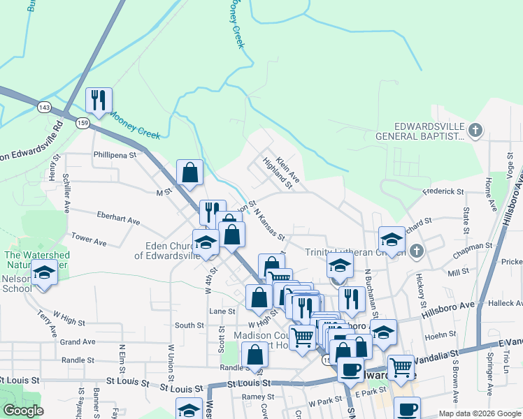 map of restaurants, bars, coffee shops, grocery stores, and more near 211 East Union Street in Edwardsville