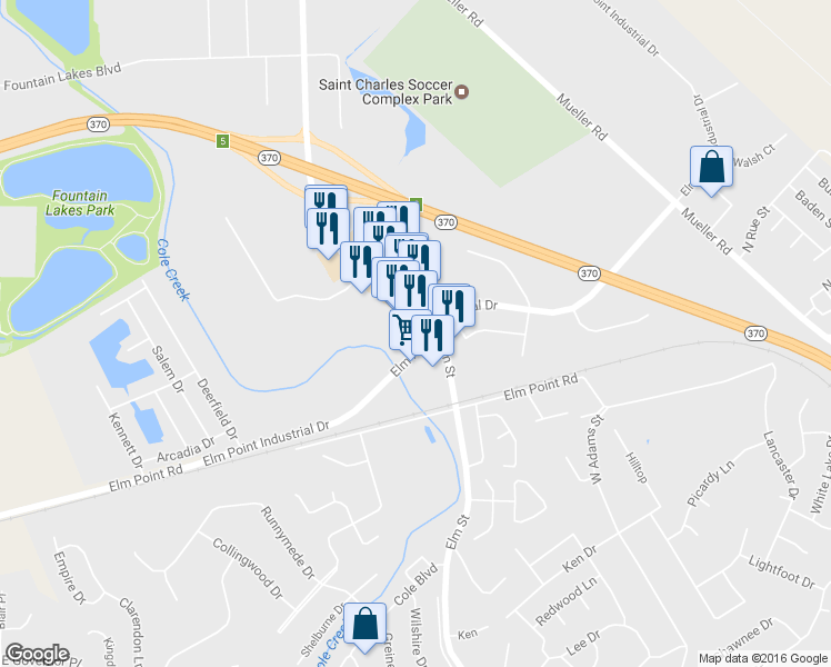 map of restaurants, bars, coffee shops, grocery stores, and more near 3701 Elm St in St Charles