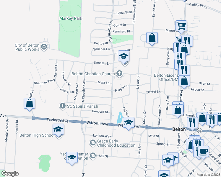 map of restaurants, bars, coffee shops, grocery stores, and more near 502 Mark Lane in Belton