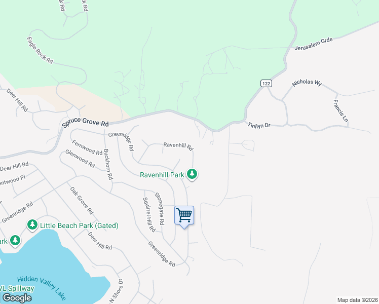 map of restaurants, bars, coffee shops, grocery stores, and more near 19231 Ravenhill Road in Hidden Valley Lake