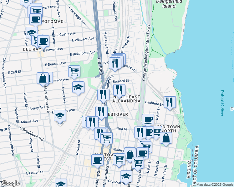map of restaurants, bars, coffee shops, grocery stores, and more near 1333 Powhatan Street in Alexandria