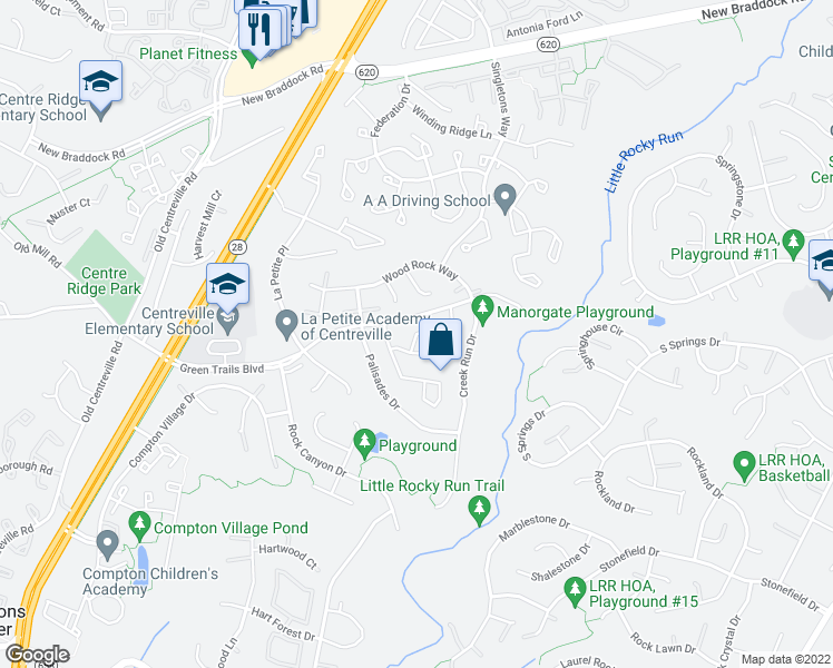 map of restaurants, bars, coffee shops, grocery stores, and more near 14232 Autumn Circle in Centreville