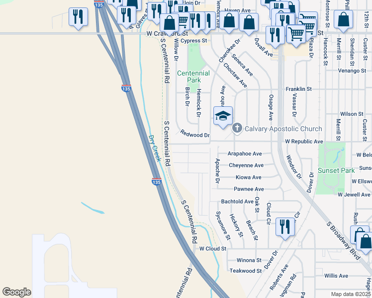 map of restaurants, bars, coffee shops, grocery stores, and more near 1661 West Republic Avenue in Salina