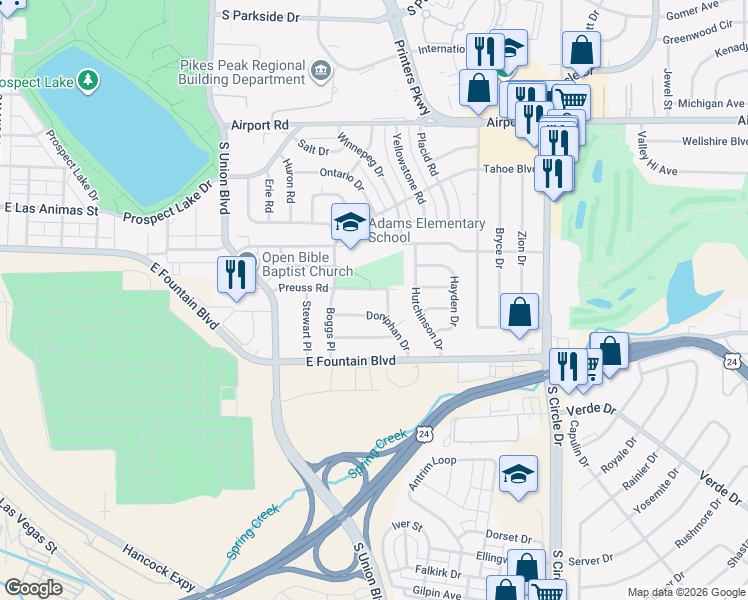 map of restaurants, bars, coffee shops, grocery stores, and more near 851 Boggs Place in Colorado Springs