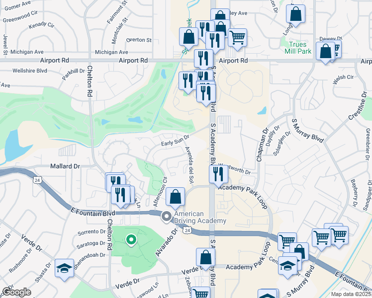 map of restaurants, bars, coffee shops, grocery stores, and more near 3700 Early Sun Drive in Colorado Springs