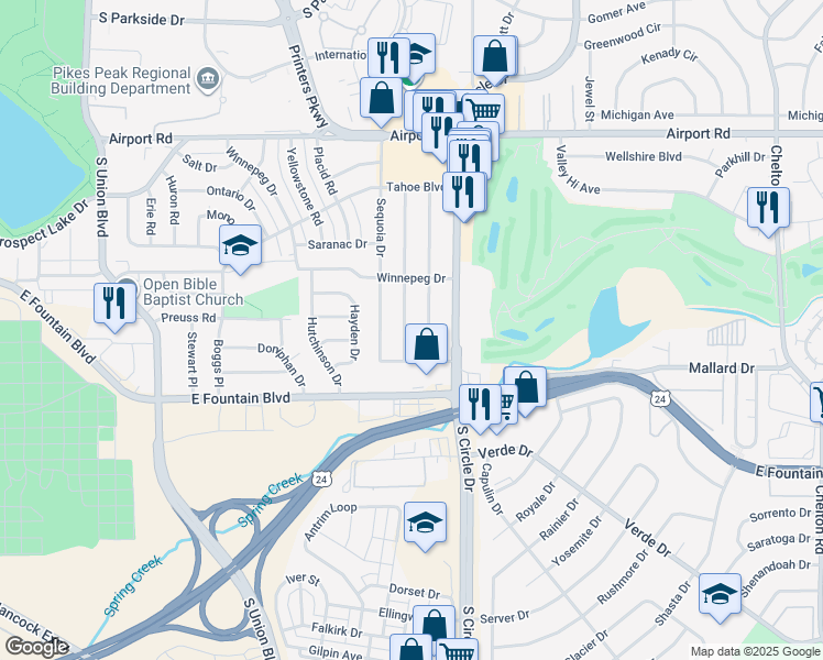 map of restaurants, bars, coffee shops, grocery stores, and more near 819 Bryce Drive in Colorado Springs