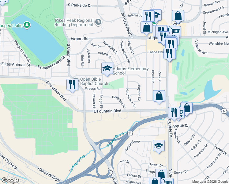 map of restaurants, bars, coffee shops, grocery stores, and more near 851 Boggs Place in Colorado Springs