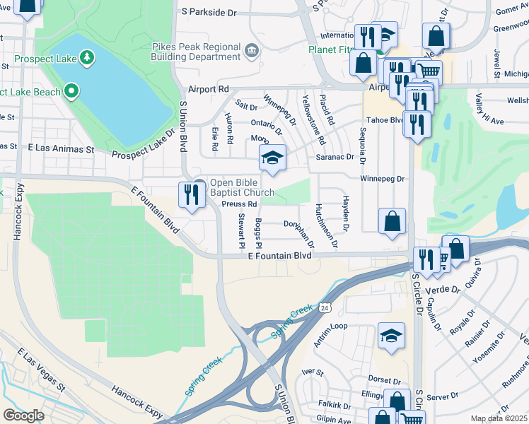 map of restaurants, bars, coffee shops, grocery stores, and more near 2014 Preuss Road in Colorado Springs