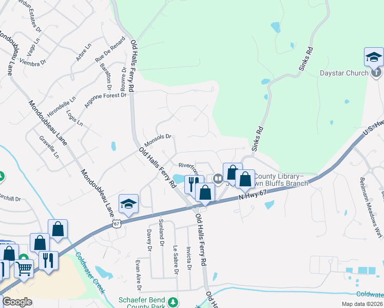 map of restaurants, bars, coffee shops, grocery stores, and more near 4231 River Oaks Drive in Florissant