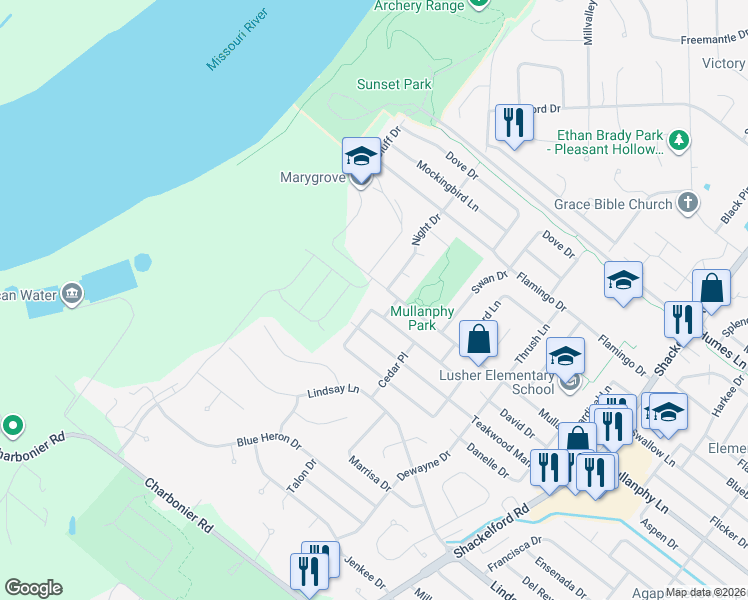 map of restaurants, bars, coffee shops, grocery stores, and more near 2610 Mullanphy Road in Florissant