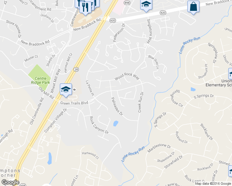 map of restaurants, bars, coffee shops, grocery stores, and more near 6502 Skylemar Trail in Centreville
