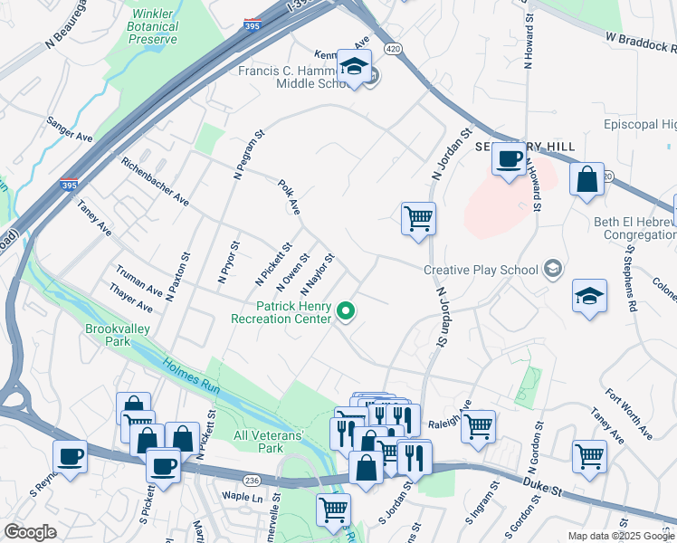 map of restaurants, bars, coffee shops, grocery stores, and more near 702 North Mansfield Street in Alexandria