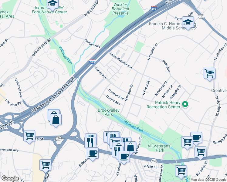 map of restaurants, bars, coffee shops, grocery stores, and more near 5345 Truman Avenue in Alexandria