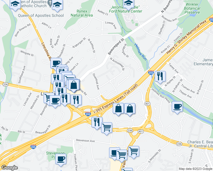 map of restaurants, bars, coffee shops, grocery stores, and more near 401 North Armistead Street in Alexandria